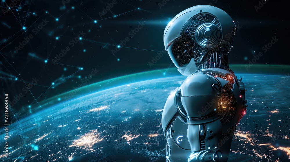 A robot AI, powered by artificial intelligence, in harmony with the Earth, symbolizing technology for the planet, Ai Generated A robot AI, powered by artificial intelligence, in harmony with the Earth, symbolizing technology for the planet, Ai Generated