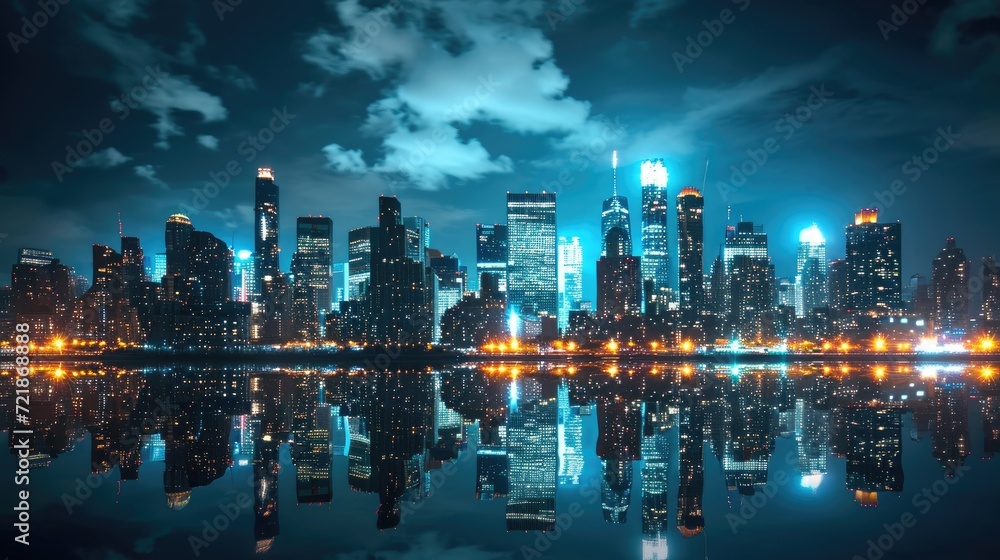 Enjoy a stunning city skyline night view with captivating reflections and a picturesque sky, Ai Generated.