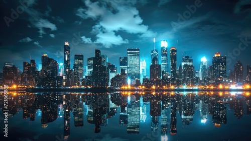 Enjoy a stunning city skyline night view with captivating reflections and a picturesque sky, Ai Generated. © Crazy Juke