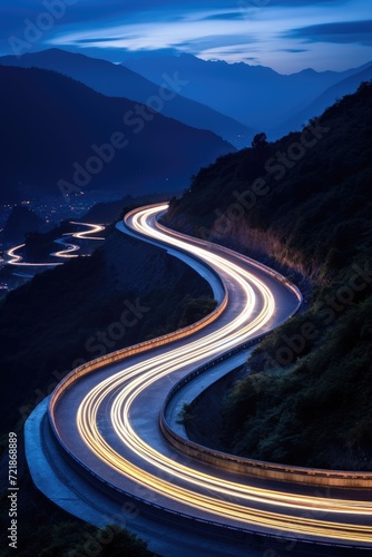 Cars' light trails on a curved asphalt road at night, a mesmerizing urban scene, Ai Generated.