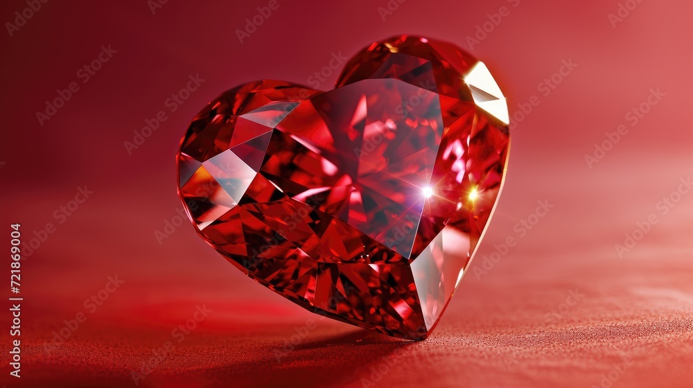 Fototapeta premium Ruby red diamond heart sparkling against a vivid red backdrop, Ai Generated