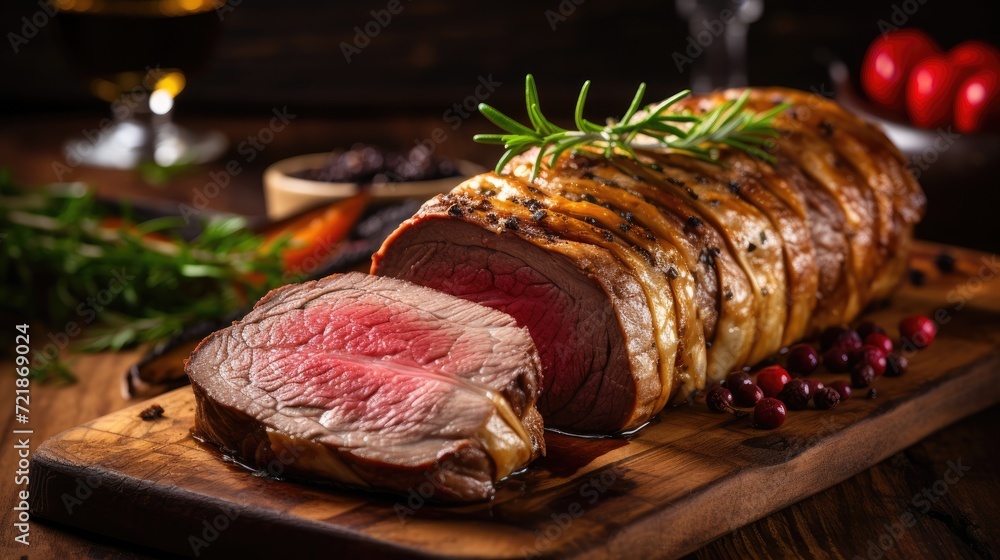 Indulge in the gastronomic masterpiece of a tenderloin Beef Wellington, a gourmet sensation wrapped in savory pastry, Ai Generated.