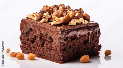 Indulge in the allure of a decadent brownie slice  topped with crunchy hazelnuts  against a pristine white canvas  Ai Generated.