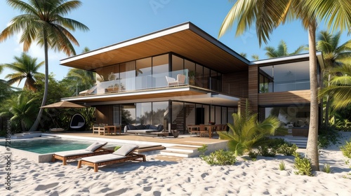 A 3D rendering of a modern beachfront house, a coastal dream come to life. Ai Generated © Crazy Juke