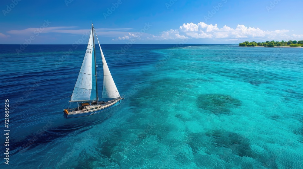 Experience the freedom of a sailboat sailing on pristine, clear blue waters, a journey into tranquility. Ai Generated.
