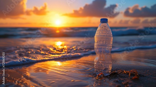 Capture the poignant scene of a plastic bottle on a beach at sunset, highlighting the need for conservation efforts. Ai Generated. photo