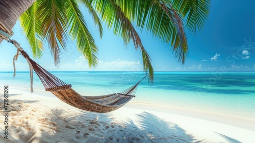 Find serenity as you sway in a hammock beneath a palm tree, an idyllic escape into nature's embrace. Ai Generated.