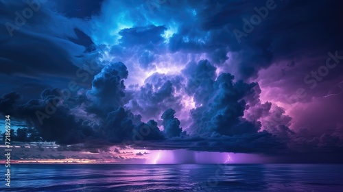 Experience the dramatic spectacle of storm clouds looming over the ocean, accompanied by electrifying lightning. Ai Generated. © Crazy Juke