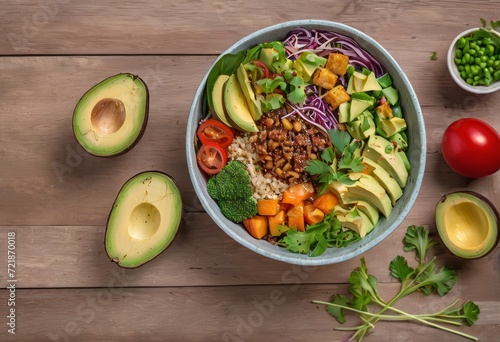 Healthy salad bowl with quinoa, tomatoes, chicken, avocado, lime and mixed greens, lettuce, parsley on wooden background top view. Food and health.