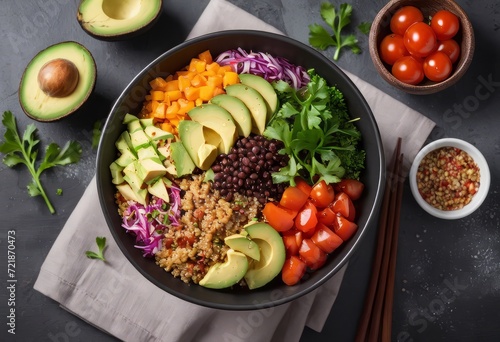 Healthy salad bowl with quinoa, tomatoes, chicken, avocado, lime and mixed greens, lettuce, parsley on wooden background top view. Food and health.