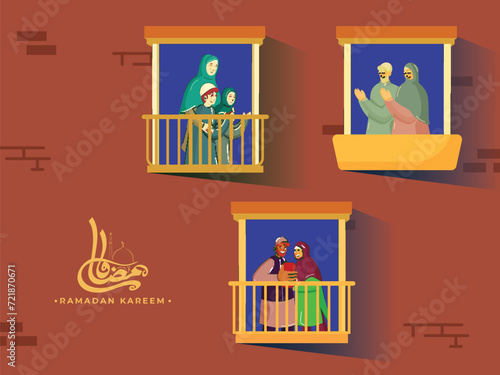 Islamic Festival Greeting Card or Poster Design with Ramadan Arabic Calligraphy and Cartoon Islamic People or Neighbors at Balconies illustration.