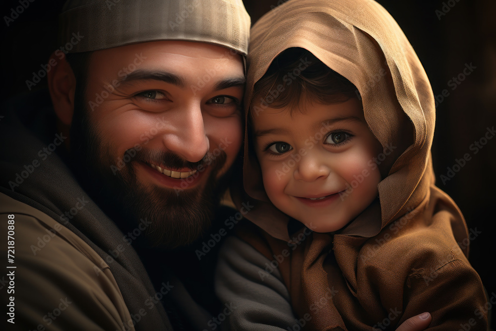 Portrait of Muslim cute kid and Father hugging Portrait of Muslim cute kid and Father hugging