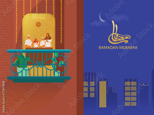 Cartoon Muslim Family Enjoying Suhoor Time at Home on The Occasion of Ramadan Mubarak Celebration Concept.