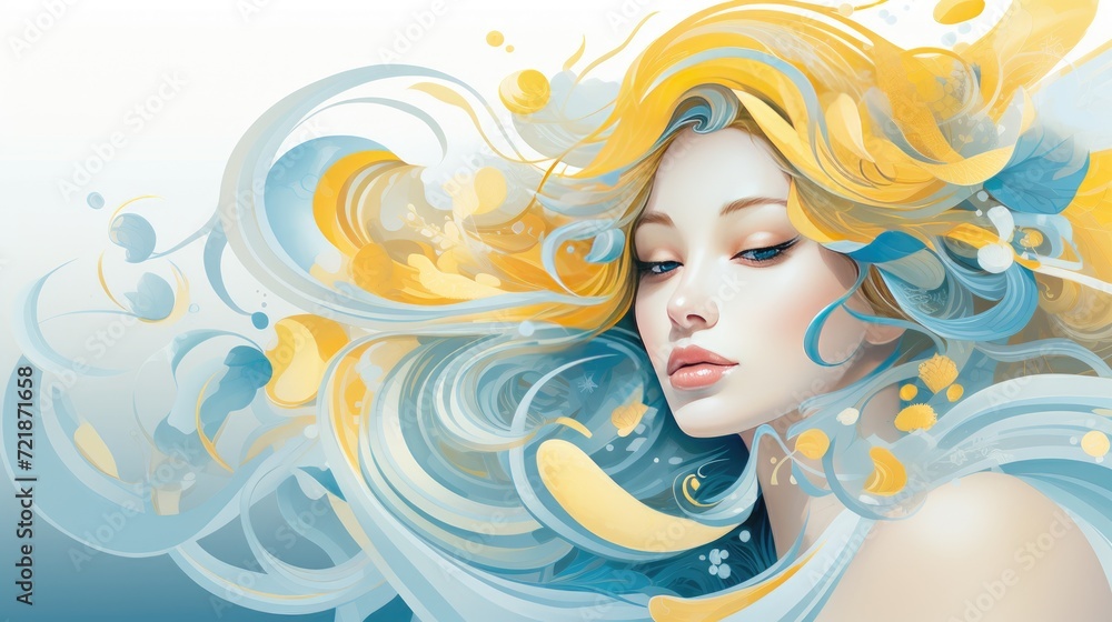 Fashion portrait of a beautiful woman with yellow long blond hair and blue dress. Fashion portrait of a beautiful woman with yellow long blond hair and blue dress.