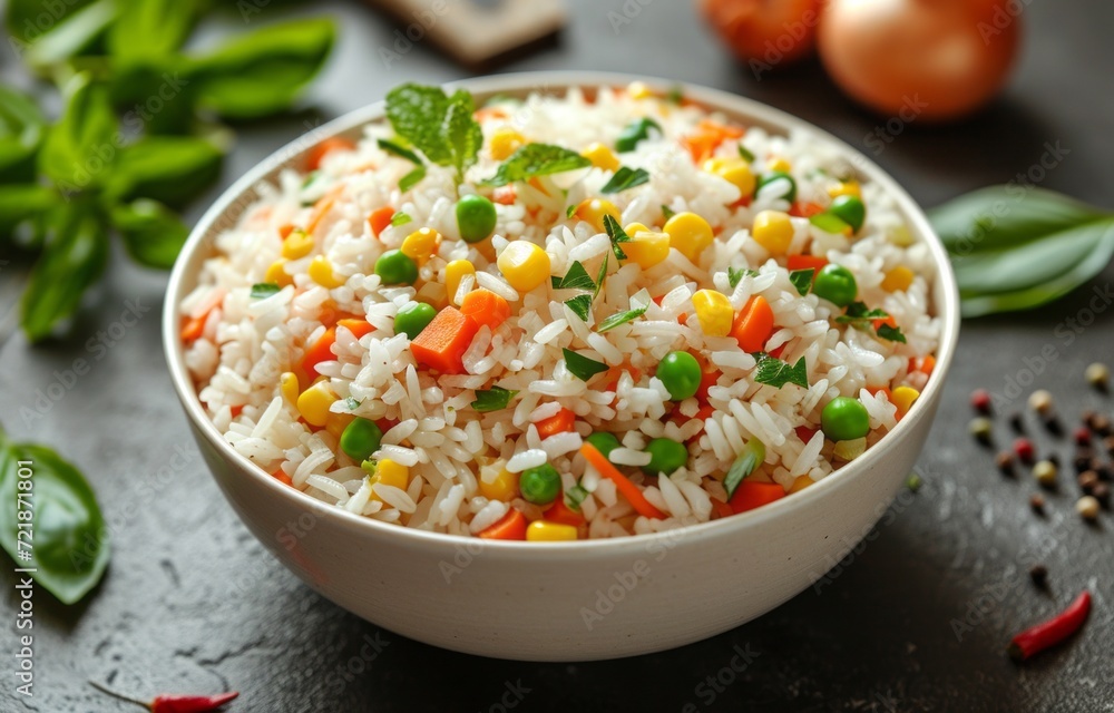 white rice mixed with onion, carrot, green peas, corn, green beans in white bowl white rice mixed with onion, carrot, green peas, corn, green beans in white bowl