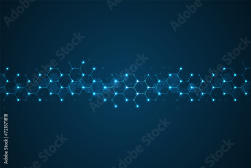 Hexagons pattern on blue background. Genetic research, molecular structure. Chemical engineering. Concept of innovation technology. Used for design healthcare, science and medicine background