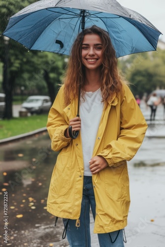 Cheerful pretty girl holding umbrella while strolling outside. She is turning back and looking at camera with true delight and sincere smile