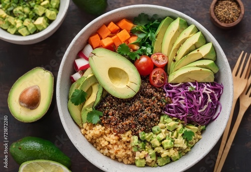 Healthy salad bowl with quinoa, tomatoes, chicken, avocado, lime and mixed greens, lettuce, parsley on wooden background top view. Food and health.