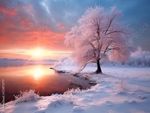 Winters sunrise over the stream is a tree in the snow © Generative Ai