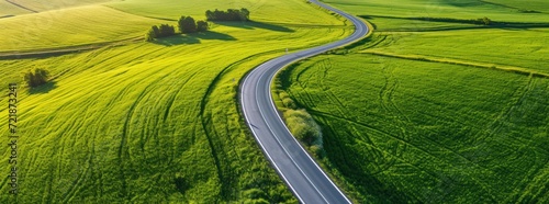a highway in a green wheat field, Aerial view 
