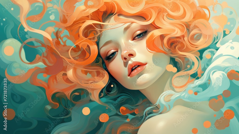 Portrait of a beautiful young woman with long curly hair. Portrait of a beautiful girl with curls and flowers in her hair Portrait of a beautiful young woman with long curly hair. Portrait of a beautiful girl with curls and flowers in her hair