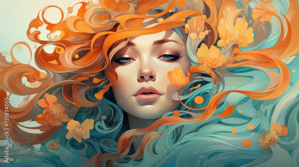 Portrait of a beautiful young woman with long curly hair. Portrait of a beautiful girl with curls and flowers in her hair Portrait of a beautiful young woman with long curly hair. Portrait of a beautiful girl with curls and flowers in her hair