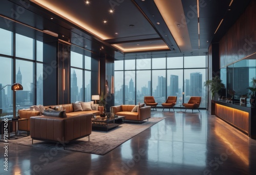 Big empty modern kitchen and living room wooden table, big couch and big windows