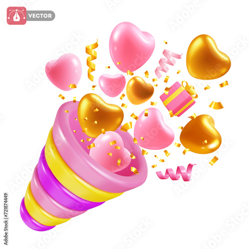 Happy Valentine's Day concept. 3d realistic party popper, hearts, confetti and gifts popping from firework with explosion. Decor for romantic event, valentine's day celebration. Vector illustration