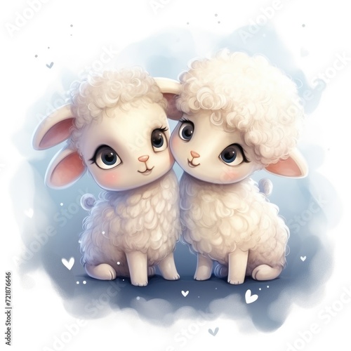 Little sheep in love hugging, kissing and enjoying in their love. Baby sheep illustrated cartoon characters. © Vladyslav  Andrukhiv