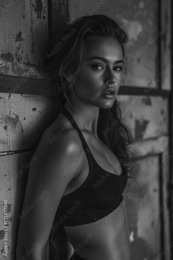 Fototapeta premium Monochrome image of a young woman in sportswear standing near a peeling paint wall inside a dimly lit factory