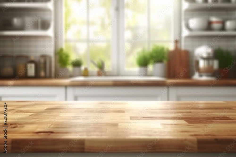 Empty Beautiful wood table top and blur bokeh modern kitchen interior background in clean and bright, Ready for product montage. generative ai. Empty Beautiful wood table top and blur bokeh modern kitchen interior background in clean and bright, Ready for product montage. generative ai.
