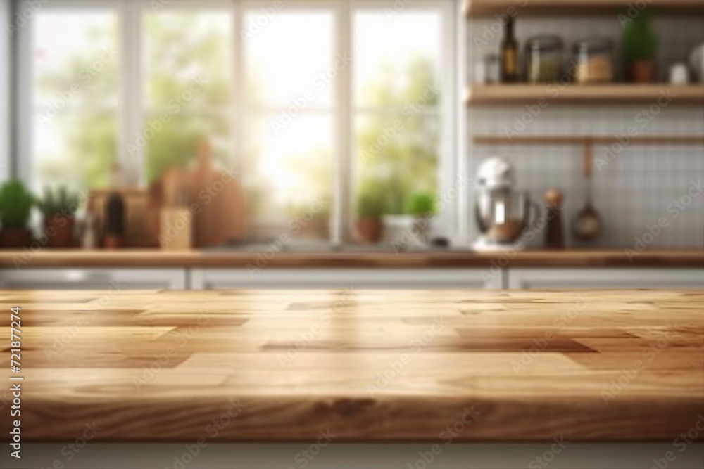 Empty Beautiful wood table top and blur bokeh modern kitchen interior background in clean and bright, Ready for product montage. generative ai. Empty Beautiful wood table top and blur bokeh modern kitchen interior background in clean and bright, Ready for product montage. generative ai.