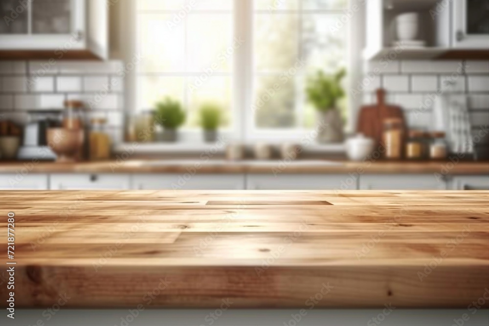 Empty Beautiful wood table top and blur bokeh modern kitchen interior background in clean and bright, Ready for product montage. generative ai. Empty Beautiful wood table top and blur bokeh modern kitchen interior background in clean and bright, Ready for product montage. generative ai.