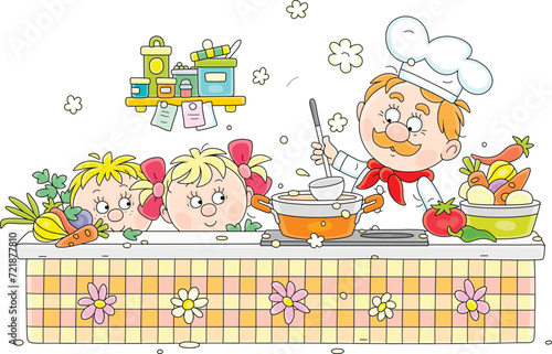 Funny cook with a ladle and little kids making an original tasty soup in a pan on a kitchener with fresh vegetables and spices in a cozy kitchen, vector cartoon illustration isolated on white