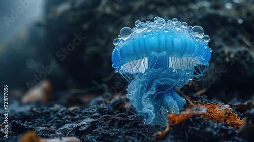 a mushroom small and blue on the ground, The upper part of the mushroom is jellyfish
