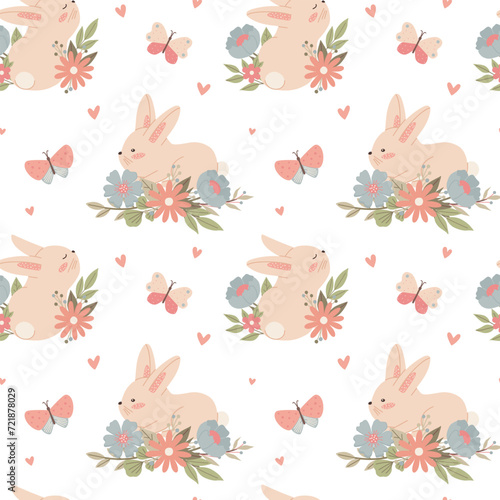 Seamless pattern with childish bunny flowers butterflies. Cute vector illustration in pastel colors with floral elements, for design, fabric and textiles.