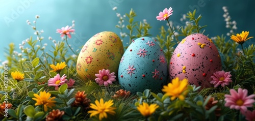 Colorful Easter Eggs Among Spring Flowers.