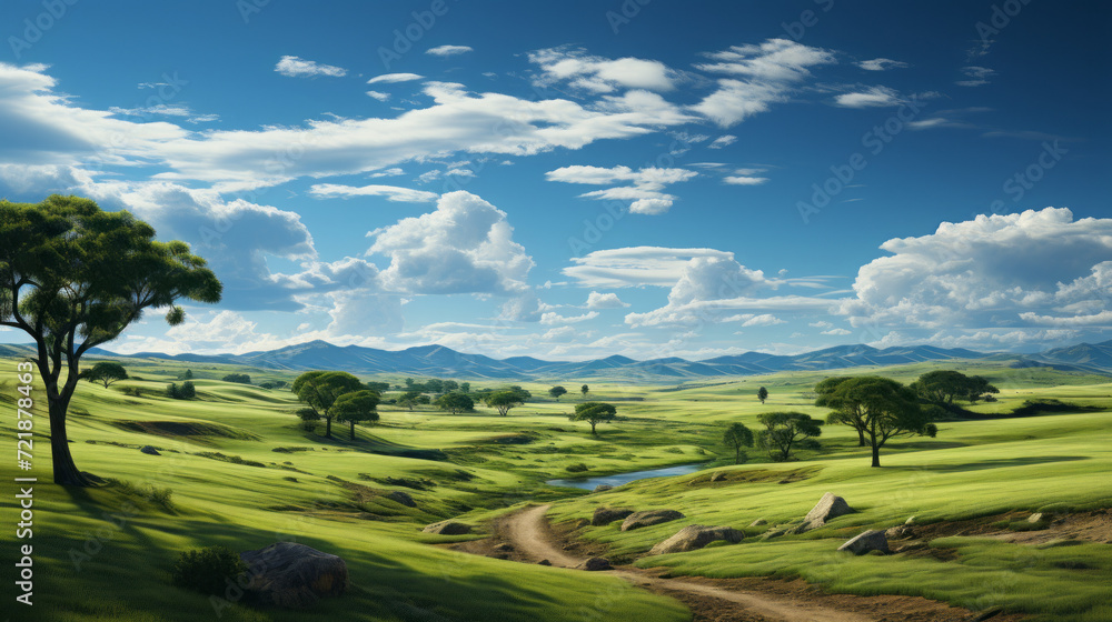 Enchanting Sceneries: Captivating Vistas and Serene Countryside unite under a Majestic Sky, generative AI