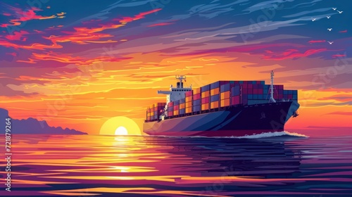 Cargo ship in the sea at sunset, vector illustration, Illustration of a container ship passing through the Panama Canal, 