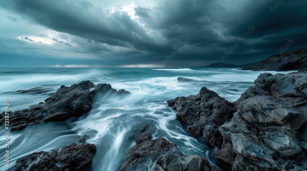 Storm clouds gather over a rocky coastline, creating a dramatic scene