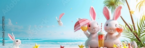 Easter bunnies on vacation with cold drinks on the sand beach with palm trees. Travel agency advertisement 