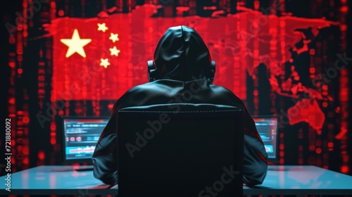 Hacker with China flag. Man computer geek in hood. Cyber developer from PRK. Hacker threat from China. Man computer scientist sits at table. White hat hacker protects China cyberspace.
