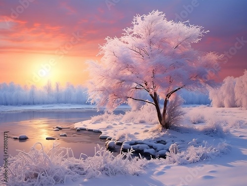 Winters sunrise over the stream is a tree in the snow © Generative Ai