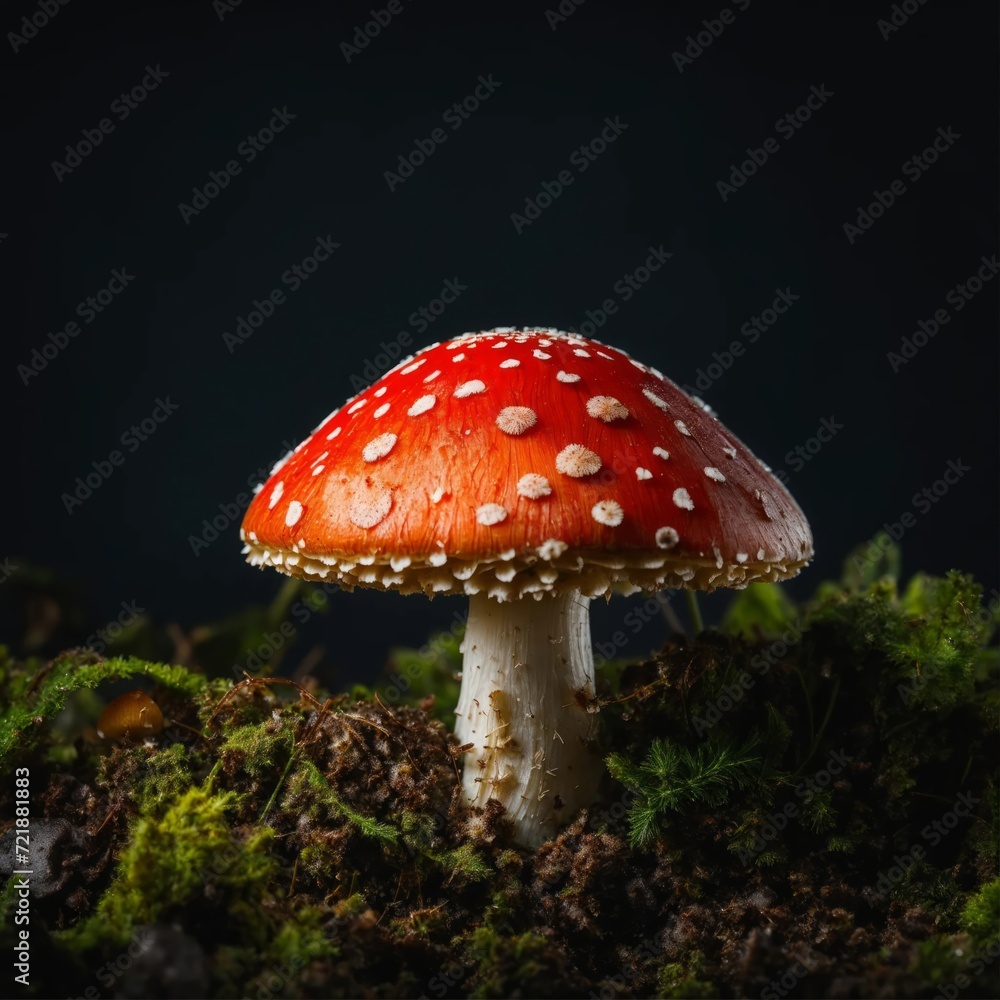 Beautiful fly agaric mushroom isolated on a black background. Amanita realistic 3D model. Toadstool trendy composition. Wide screen wallpaper, for design and banners.