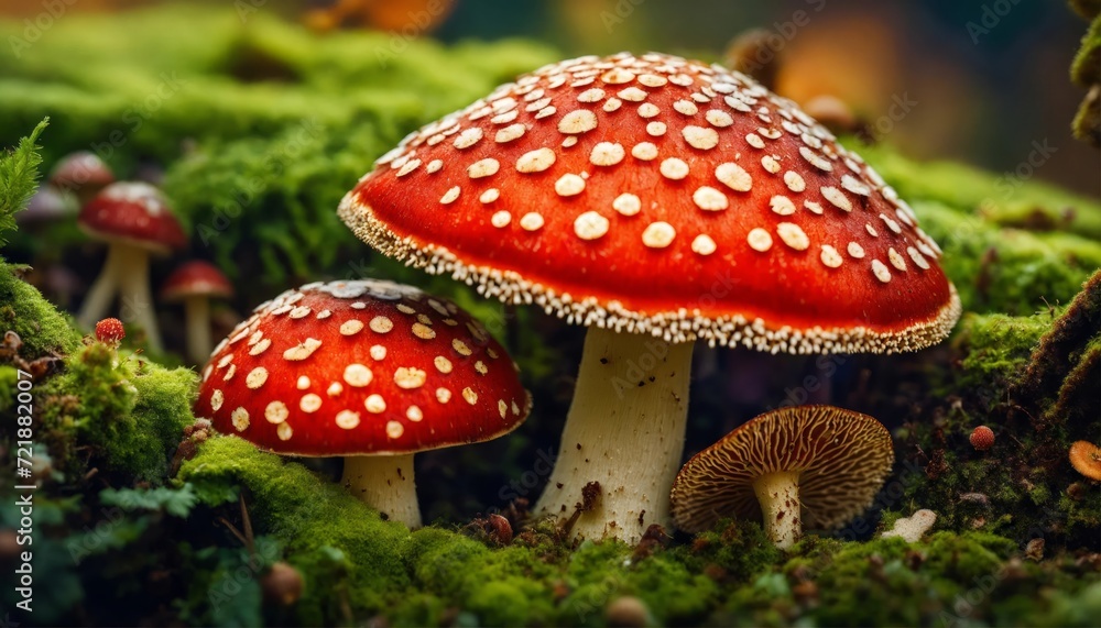 Obraz premium Beautiful fly agaric mushrooms closeup on a forest background. Amanitas macro photo. Toadstools trendy composition. Wide screen wallpaper, for design and banners.