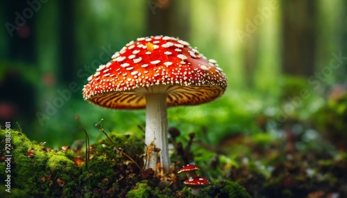 Beautiful fly agaric mushroom closeup on a forest background. Amanita macro photo. Toadstool trendy composition. Wide screen wallpaper, for design and banners.