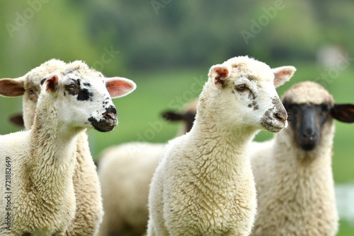 A flock of domestic sheep graze on a green meadow on a farm photo