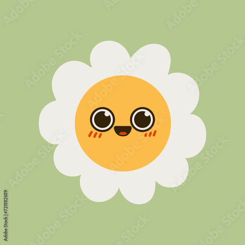 Collection of magnificent chamomile flowers. Retro daisy smiles in cartoon style. Set of happy 70s stickers. Vector graphic illustration in hippe style.