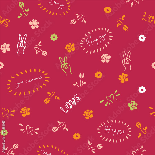 Cute, trendy ditsy conversational colorful positive letter and words seamless pattern print background with flowers, florals for fashion, textile, tshirt, girls, kids