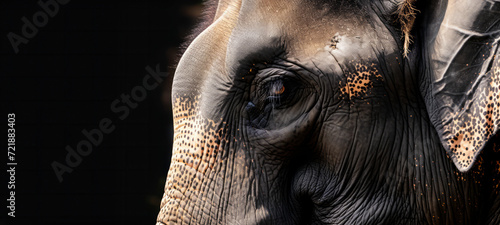 Asian elephant sad eyes are looking on a black background